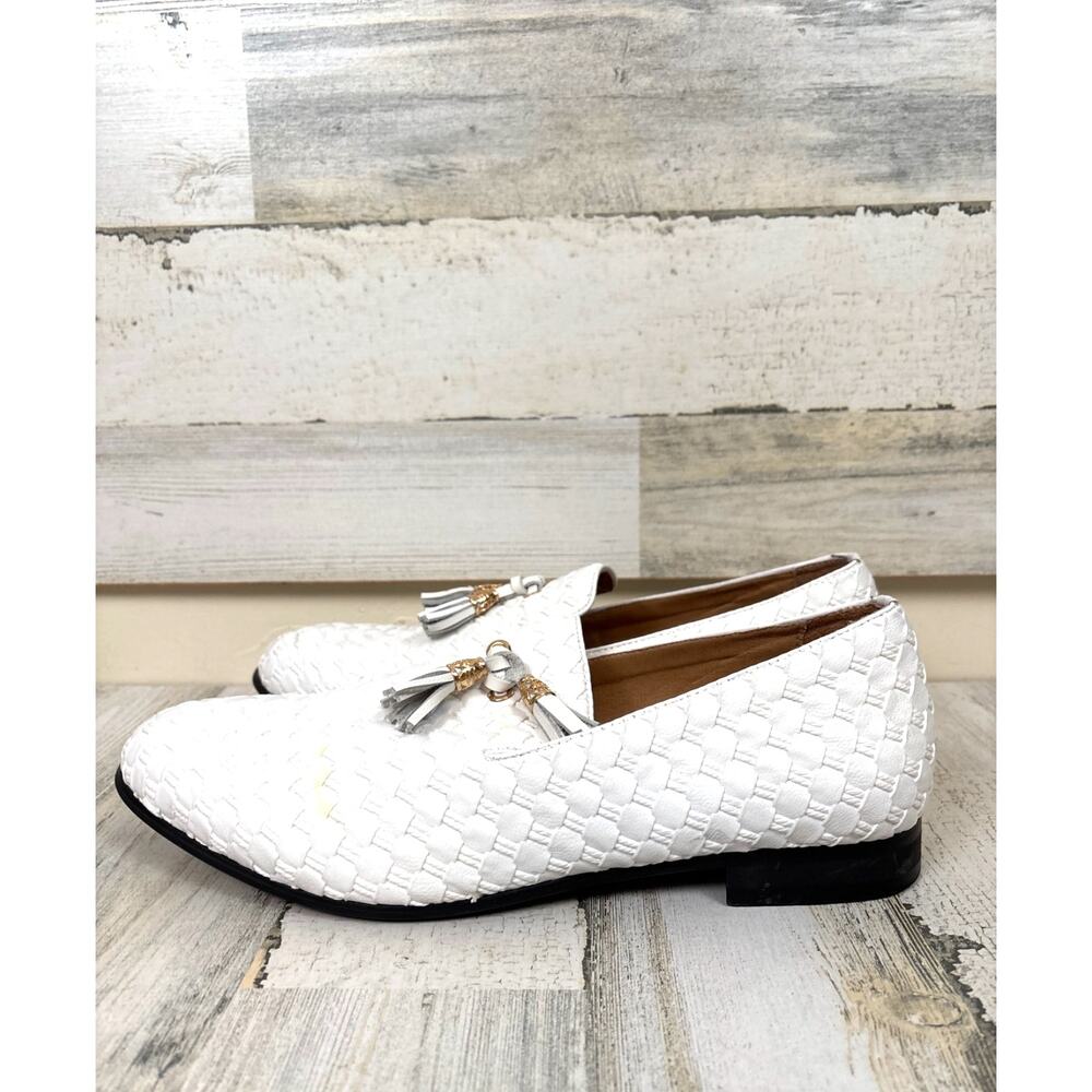 Meijiana Mens 10.5 White Woven Leather Tassel Loafers Business Dress Shoes Smart